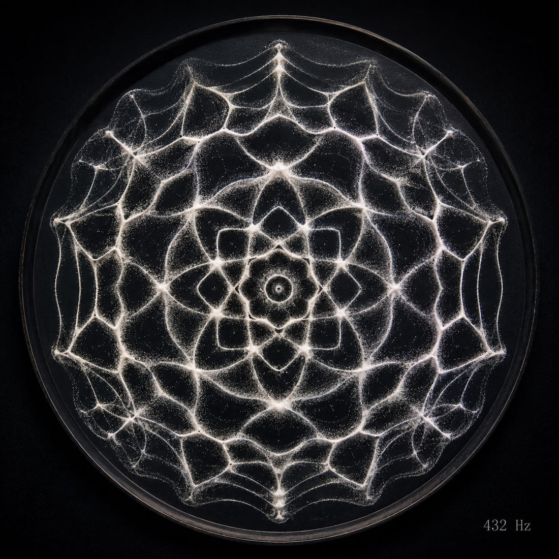 Cymatics pattern: white sand forming a symmetrical mandala-like figure on a dark round plate, labelled 432 Hz