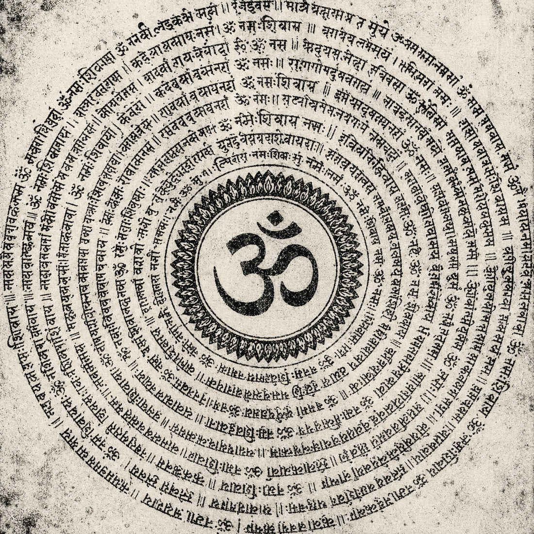 The syllable OM at the centre of concentric rings of mantra, black ink on paper